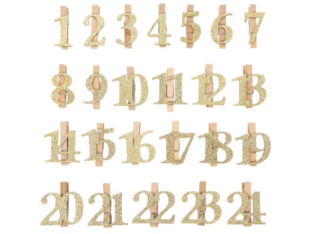 Adventskalender Glitzer Holzzahlen mit Klammern – natur
