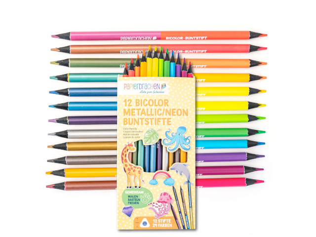 12 Bicolor Buntstifte Metallik und Neon