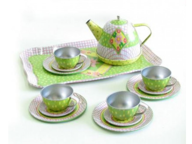 Teeservice im Koffer grün-rosa