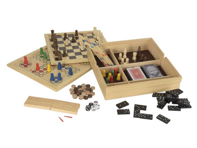 Spielebox aus Holz mit 11 verschiedenen Spielen