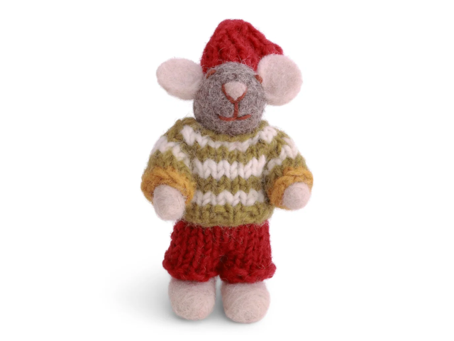 Filzfigur: graue Maus mit gestreiftem Pullover