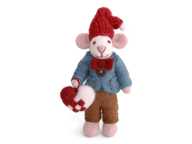 Filzfigur: weisse Maus mit Herz