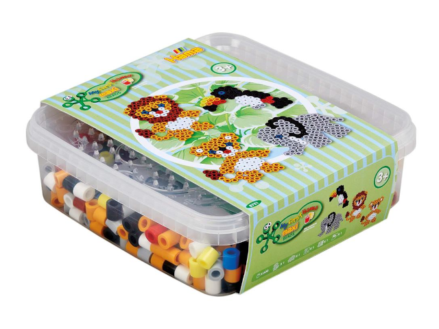 Box mit Maxi-Perlen + 2 Stiftplatten Löwe und Elefanten