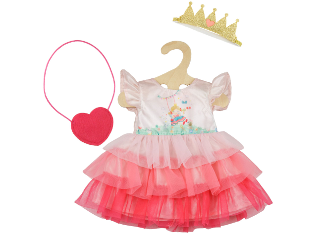 Puppenkleid Prinzessin Emily mit Herztasche und Krone, Gr. 28-35 cm