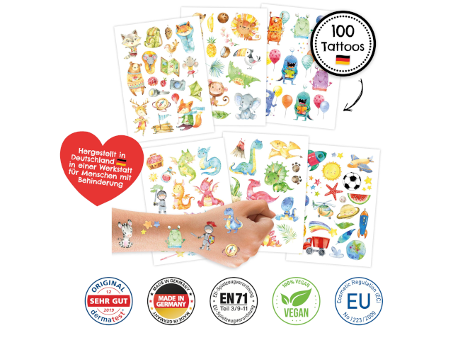 100 Kindertattoos zum Aufkleben – Dinos, Monster, Drachen