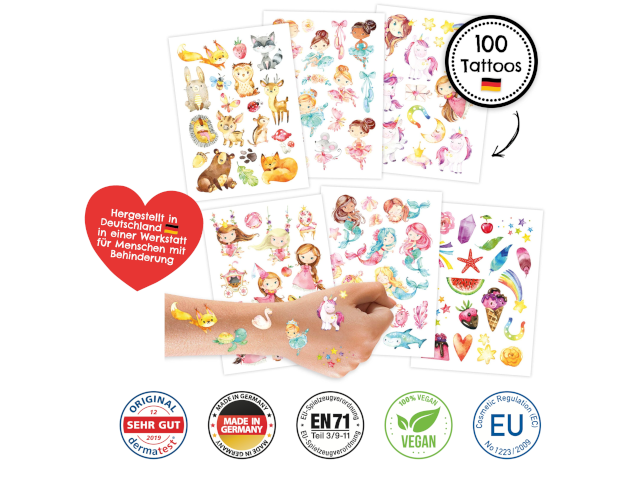 100 Kindertattoos zum Aufkleben – Einhorn, Meerjungfrau, Prinzessin