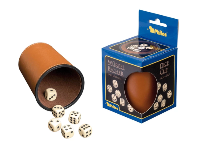 Würfelbecher inkl. 6 Würfel - Kunstleder - braun