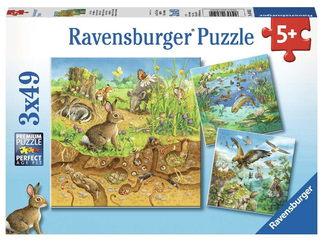 Puzzle 3x49 Teile Tiere in ihren Lebensräumen
