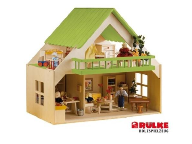 Puppenhaus Haus mit Balkon, Dach in grün