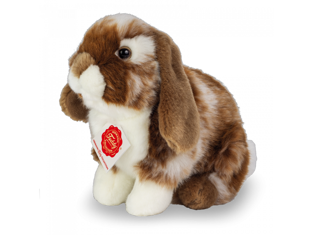 Hase sitzend dunkelbraun/ weiss gescheckt